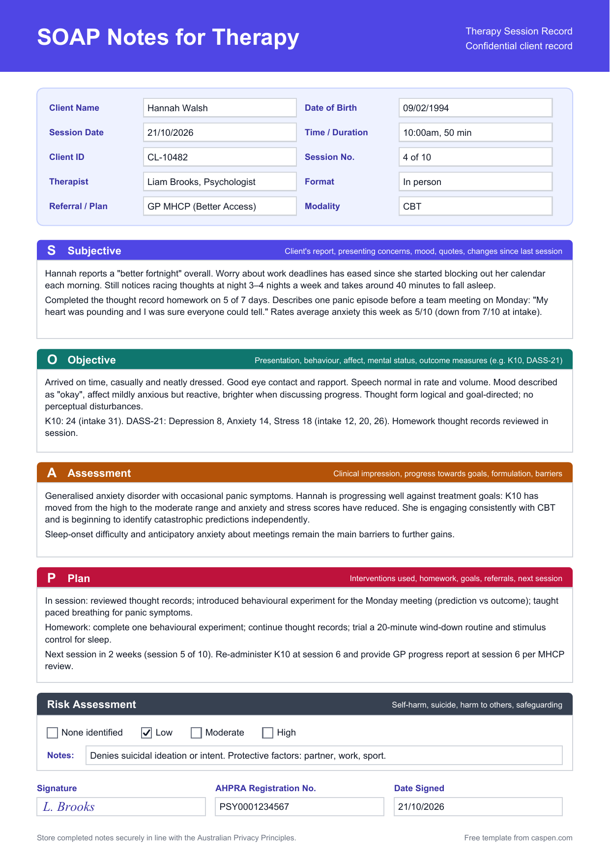 SOAP Notes for Therapy Template (Australia) Example