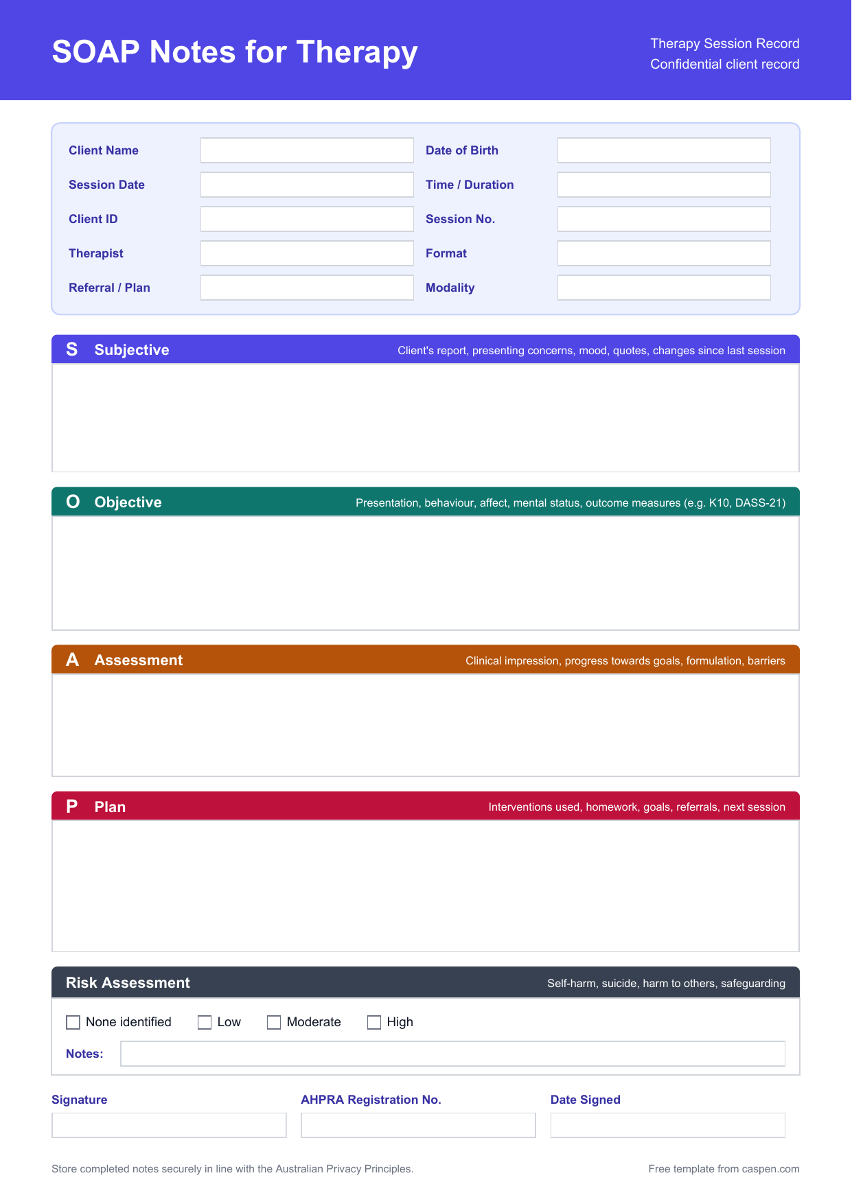 SOAP Notes for Therapy Template (Australia)