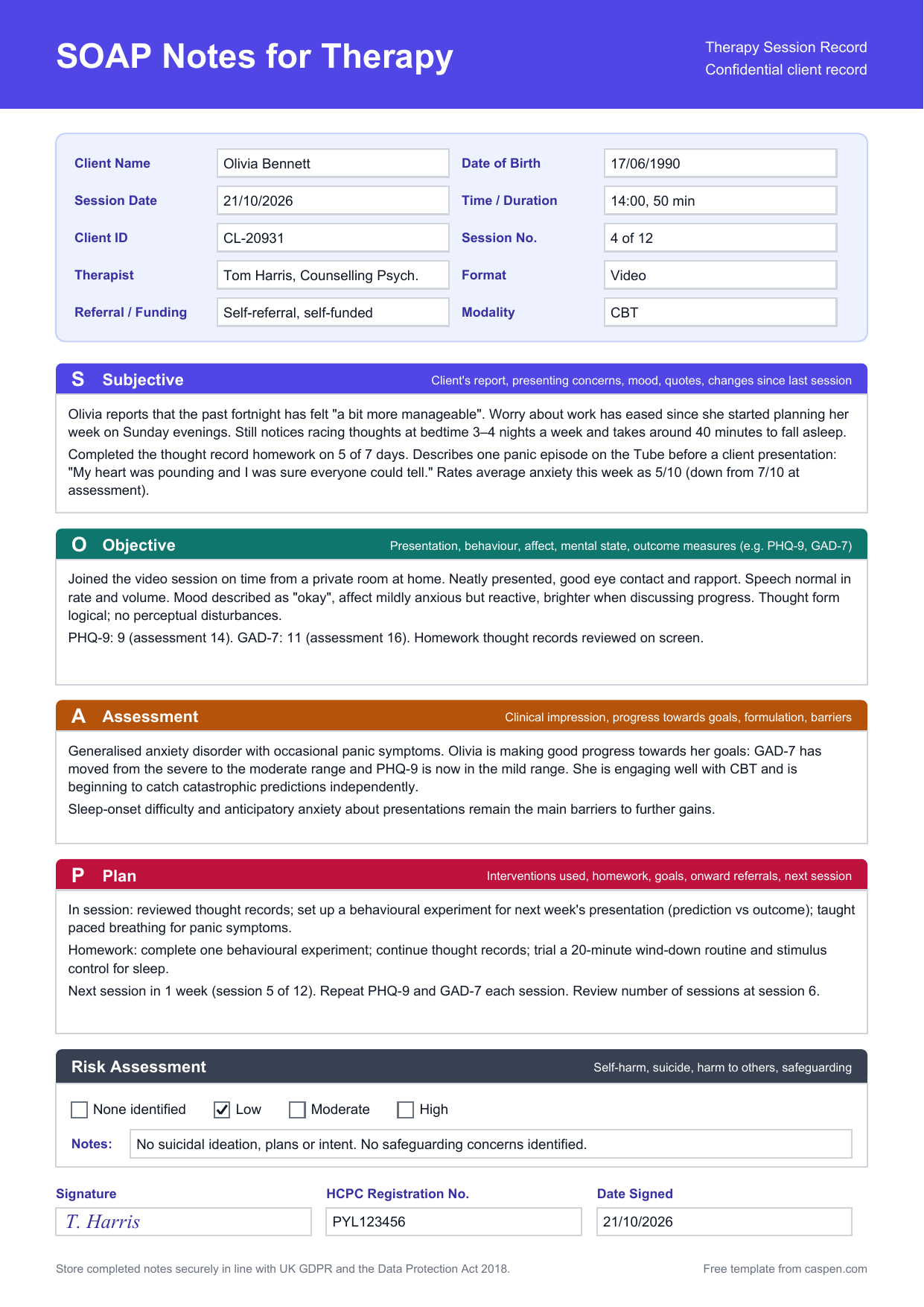 SOAP Notes for Therapy Template (UK) Example